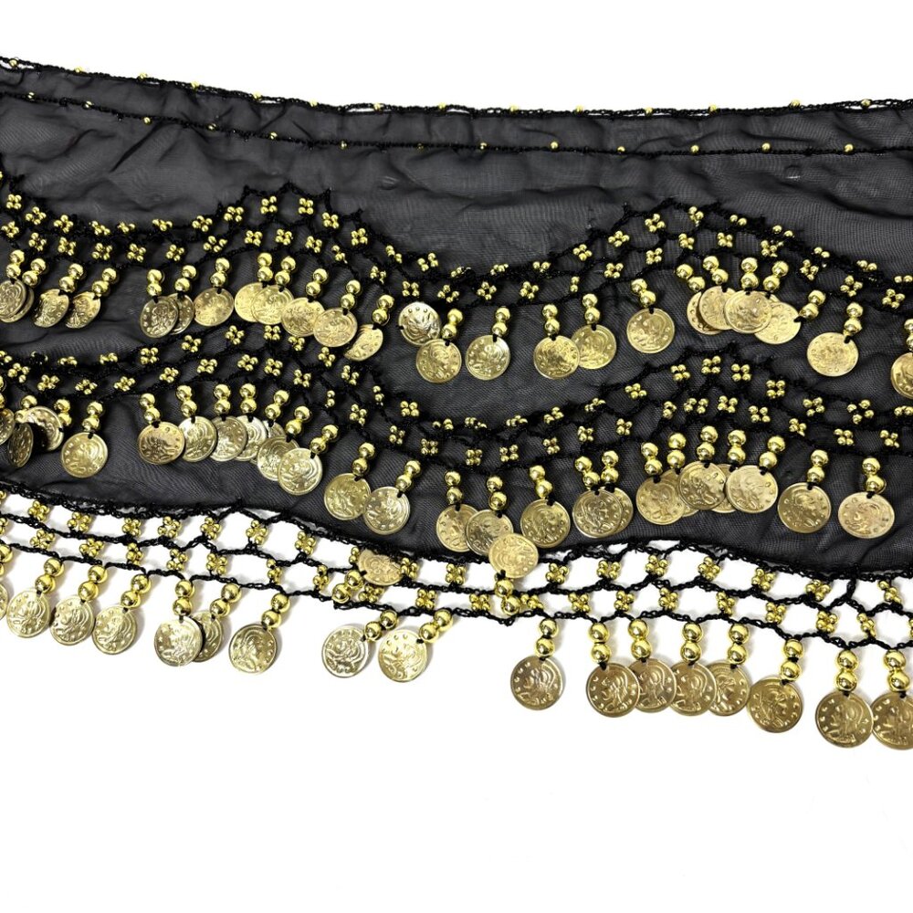Black Belly Dance Hip Scarf with Three rows of Gold Coins - Picture 4 of 10